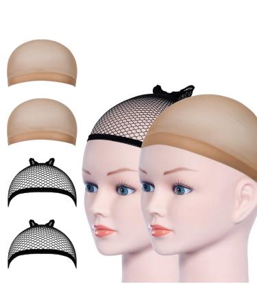 URAQT Wig Caps 4 Pcs Stretchy Nylon Stocking Wig Cap Ultra Thin Unisex Wig Cap to Hold Wig in Place for Women Men Breathable Wig Net Cap for Long Short Hair 2 Mesh Black+2 Beige
