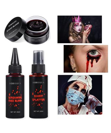 BOBISUKA Halloween Fake Blood Makeup Kit - 3pcs Coagulated Blood, Spray & Dripping Blood Set for Zombie Vampire Cosplay - Buy Online on GoSupps.com