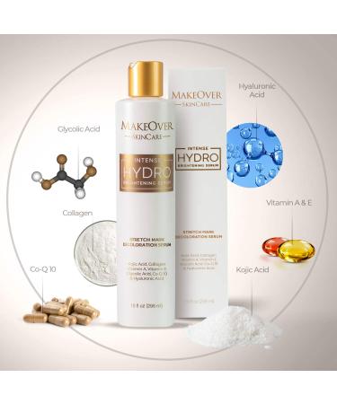 MakeOver Intense Hydro Brightening Serum - Radiant Skin, Stretch Mark Removal - Kojic Acid, Collagen, Vitamin A&E - Glycolic Acid, CoQ10, Hyaluronic Acid - 296ml - Buy Online on GoSupps.com