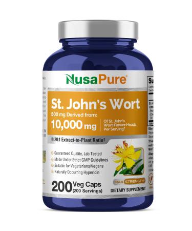 NusaPure St. John's Wort Extract 20:1 - Suitable for Vegetarian/Vegan Non- GMO - 10 000mg - 200 Capsules