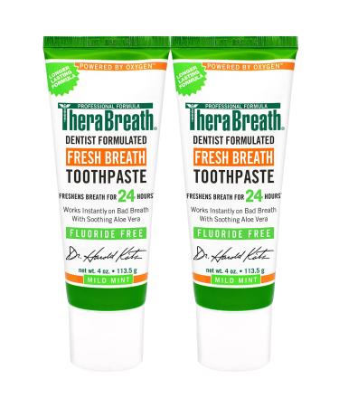 TheraBreath Fresh Breath Dentist Formulated Fluoride Free Toothpaste Mild Mint 4 Ounce (Pack of 2) Multi