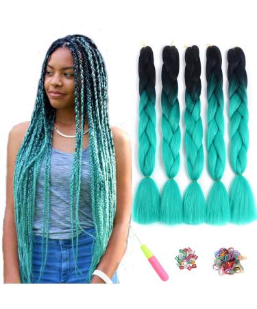 Showjarlly jumbo braid art hair hair ombre braid extension 24 inch KanCalon hair braid extensions 5 pieces for crochet twist braid hair box braid for braid 61cm-24 inch (5 pack) black/cyan