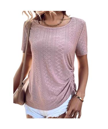 Summer T-shirt short-sleeved top monochrome pattern casual circular neckline skin-friendly side line of cord for leisure.Rosa XXL