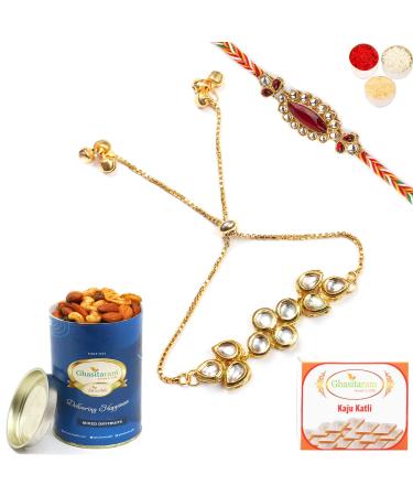 Ghasitaram Gifts Rakhis Online - Rakhi for Brother-T-23 Bhaiya Bhabhi Rakhi with 100 GMS of Dryfruits Mix Can 200 GMS of Kaju katli Rakhi Set & 100g Dryfruits Mix Can 200g Kaju katli