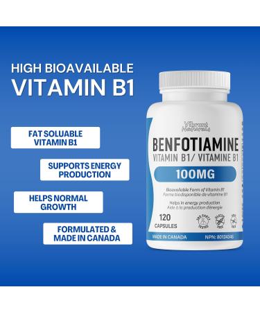 Benfotiamine Vitamin B1-120 Capsules 100mg of High Absorption Vitamin B1 Supports Normal Growth & Energy Production Third Party Tested Gluten Free Vegan Made In Canada by Vibrant Naturals - Buy Online on GoSupps.com