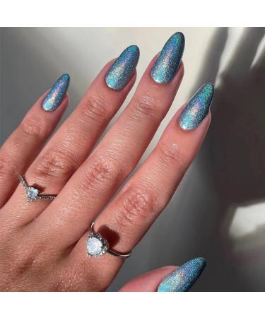 JUSTOTRY 24 Pcs Short False Nails Almond Glitter Aqua Blue Press on Nails Pattern Glossy Fake Nails Short with Nail Glue Stiletto Stick on Nails for Women Nails Fake Nail Medium for Nails Art glitter blue1