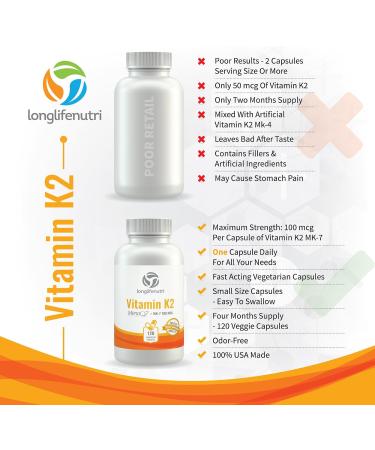 Vitamin K2 MK7 100mcg with MenaQ7, 120 Vegetarian Capsules | Heart and Bone Health Supplement with Natto Nattokinase | Cardiovascular Vitamins with Menaquinone 7 | Non-GMO K2 MK7 120 Count - Buy Online on GoSupps.com