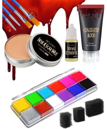 Abizoo Halloween SFX Makeup Kit  Special Effects Makeup 12-In-1 SFX Scar Wax  Fake Blood  Skin Extension Oil  Spatula  Stipple Sponge  Brush  12 Colors Face Body Painting Palette Kit for Kids Adult