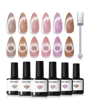 Modelones Cat Eye Gel Nail Polish Set 6 Colors Holographic Pink Purple Brown Gel Polish Glitter 9D Magnetic Gel Polish Pink Gel Polish with Magnet Nail Art DIY Salon For Women