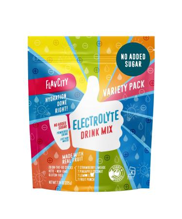 FlavCity Electrolytes Powder Packets - 28 Hydration Packets Variety Pack - No Added Sugar - Hydration Powder with Real Fruit & Unrefined Sea Salt - Keto & Gluten-Free (28 Stick Packs)