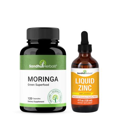 SANDHUHERBALS Moringa Capsules (120 Count) & Liquid Zinc Drops (4 Fl Oz) | Supports Immune Gut & Skin Health