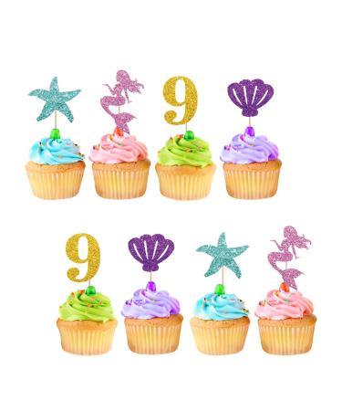 Mermaid 9th Birthday Cupcake Toppers Pink&Gold Glitter Mermaid Nine Cupcake Decor Happy 9th Birthday Cake Decorations for Girls Under The Sea Themed Birthday Party Supplies - 24pcs