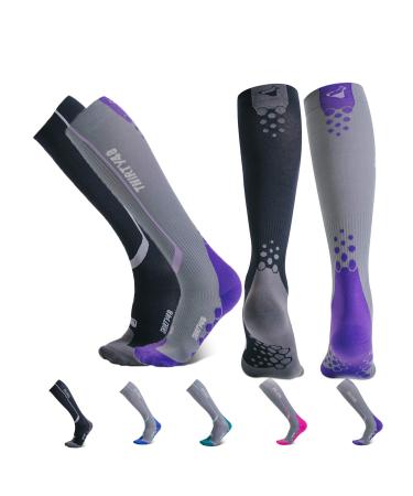 Thirty48 Elite Compression Socks Women & Men Graduated 20-30mmHg for Running, Athletic, Flight Sock - Performance & Recovery Small-Medium 2 Pairs Black/Grey & Purple/Grey