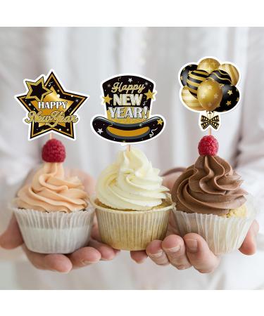 Happy New Year Cupcake Toppers Gold and Black Cupcake Toppers Picks for New Years Eve Party Dessert Decoration Supplies 32 Pieces - Buy Online on GoSupps.com