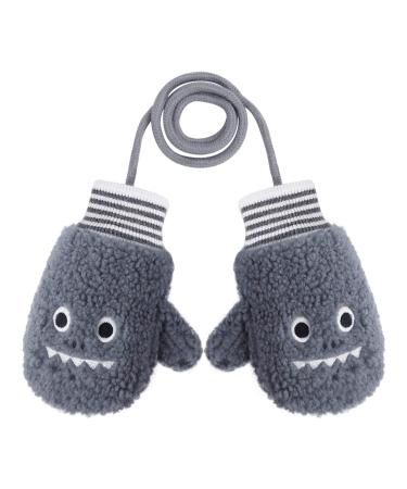 JIAHG Children's Winter Knit Gloves with String Baby Toddlers Hand-Warming Mittens Cute Cartoon Fox kids Gloves Outdoor Warm Mitts Insulated Cold Weather Gloves for 1-3 Years Boys and Girls Shark-grey
