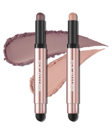 FOCALLURE 2PCS No Crease Eyeshadow Stick Shimmer and Matte Cream Eyeshadow Pencil Crayon Long Lasting Waterproof Eye Brightener Stick With Blending Brush Sweet Dream