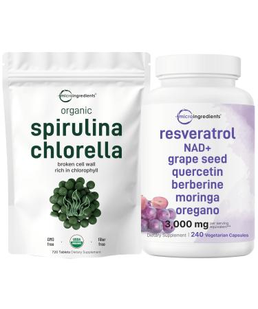 Micro Ingredients Organic Chlorella Spirulina Tablets & Resveratrol NAD Supplements 3 000mg Veggie Capsules | 2 Pack | Cracked Cell Wall Easily Absorbed | Antioxidant Blend with Quercetin & Berberine
