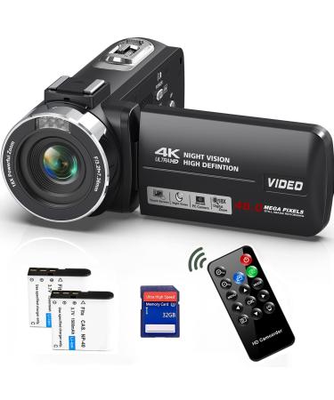 SPRANDOM Camcorder 4K Video Camera 48MP 30FPS with IR Night Vision,18X Digital Zoom Camera Recorder 3.0" LCD Touch Screen Vlogging Camera for YouTube with Remote Controller, 2 Batteries, 32GB SD Card Black