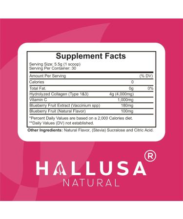 Hallusa Natural Hydrolyzed Collagen Peptides Powder 1000mg with Vitamin C | BlackBerry & Blueberry Flavor | 4g Collagen per Serving | Healthy Hair Skin Nails Bone & Joint Support - Buy Online on GoSupps.com