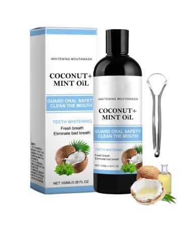 Mouth Pulling Oil with Coconut and Peppermint Oil, For Fresh Breath, Teeth Whitening and Healthier Teeth and Healthy Gums, Alcohol-Free With Tongue Scraper Included (m, 1PC)