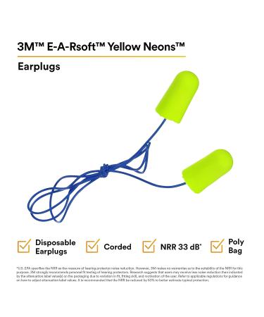 3M Ear Plugs  200/Box  E-A-Rsoft Yellow Neons 311-1250  Corded  Disposable  Foam  NRR 33  Drilling  Grinding  Machining  Sawing  Sanding  Welding  1/Poly Bag - Buy Online on GoSupps.com