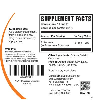 Potassium Gluconate Capsules - 180ct. Potassium Supplement for Health - BulkSupplements.com - Buy Online on GoSupps.com
