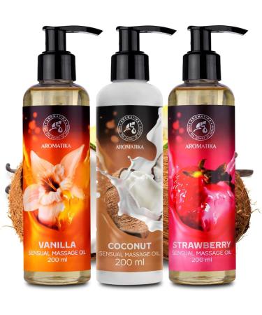 Sensual Massage Oil - Vanilla Coconut & Strawberry - Edible Body Massage Oil with Almond & Grape Seed Oil | Relaxation & Intimacy (3x200ml) - Buy Online on GoSupps.com