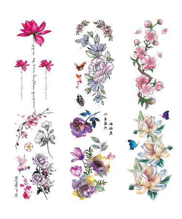 Yesallwas 6 Sheet cute Temporary Tattoo Sticker Fake Tattoos for Women Girls Models Waterproof Long Lasting Body Art Makeup Sexy Tattoos-Flowers rose lotus  butterfly (A)