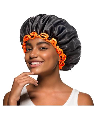Mikimini black shower hood double-layered waterproof bathing hair hood with reusable soft comfortable peva feed cute stretchy shower hood medium-sized (1 piece) black + orange medium (1 piece) black + orange - Buy Online on GoSupps.com