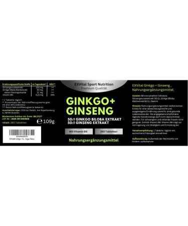 EXVital Ginkgo + Ginseng 365 comprim s extraits de plantes 50:1 hautement dos Ginkgo Biloba & Ginseng cor en Test en laboratoire V gan - Buy Online on GoSupps.com