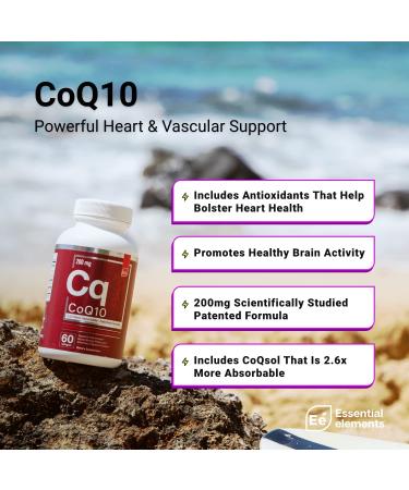 CoQ10 Heart Brain & Vascular Support | 200mg Patented Formula - Essential Elements | High Absorption - 60 Softgels - Buy Online on GoSupps.com