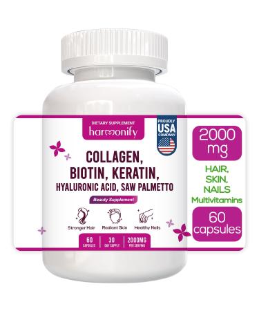 HARMONIFY Collagen Biotin Keratin Hyaluronic Acid Complex Supplement with Vitamin E, Folic Acid, Pumpkin Seed and MSM, 60 Capsules, 1000 mg
