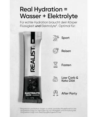 REALIST Electrolytes without sugar - electrolyte powder with 1390 mg electrolytes - potassium and magnesium for electrolyte balance - keto neutral and unsweetened - 30 sticks - Buy Online on GoSupps.com