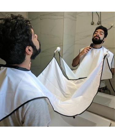 White Shaving Bib with Suction Cups - Salon Care Smock for Men's Grooming - Hair Cutting Apron with Powder Puff - Buy Online on GoSupps.com