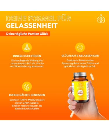 Serotalin Happy Mood Capsules - St. John's Wort Griffonia & L-Tryptophan | Vegan Mood Support with Vitamins & Minerals | 60 Capsules for 2 Months - Caffeine-Free - Buy Online on GoSupps.com