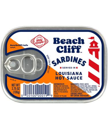 Beach Cliff Wild Caught Sardines in Louisiana Hot Sauce, 3.75 oz Can (Pack of 12) - 14g Protein per Serving - Gluten Free, Keto Friendly - Great for Pasta & Seafood Recipes