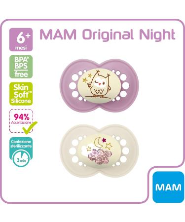 MAM Original Night Luminous Pacifiers Set of 2 - Silicone 6-16 Months Pink & Various Models with Pacifier Case - Buy Online on GoSupps.com