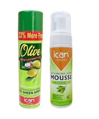Set of ican London Olive Oil Moisturizing Sheen Spray With Coconut Oil 500ml + ican Olive Oil Hold & Shine Wrap Set Mousse 207ml
