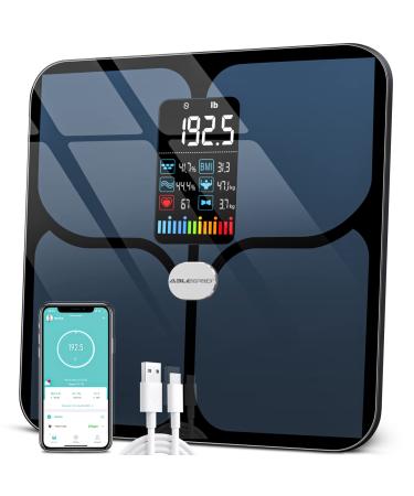 Body Fat Scale, ABLEGRID Digital Smart Bathroom Scale for Body Weight, Large LCD Display Screen, 16 Body Composition Metrics BMI, Water Weigh, Heart Rate, Baby Mode, 400lb, Rechargeable (Black)