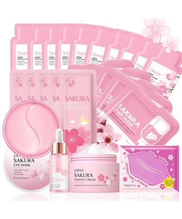 Skincare Set for Teenage Girls Japan-Sakura Skin Care Products Set Skin Care Sets & Kits Cleanser Toner Serum Cream Sleep Mask Eye Mask Mud Mask Lip Mask Beauty Products Daily Face Care 24PCS Cherry Blossom 01