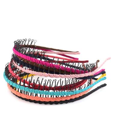Framendino 10 Pack Ribbon Wrapped Metal Headbands with Teeth Comb Hair Hoop Hairband for Women Girls