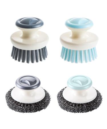 2 Pcs Stainless Steel Scrubber with Handle and 2 Pcs Dish Brush Steel Wool Scrubber Pot Scrubbers for Kitchen Dish Scrubber Brush 2 Style Dish Scrub Brush. (Gray Blue)