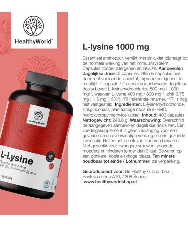 Be Healthy Group doo LLysine Hydrochloride Form 1000 mg per Daily Dose With Zinc 400 Vegetable Capsules Essential Amino Acid Without Additives 6month supply - Buy Online on GoSupps.com