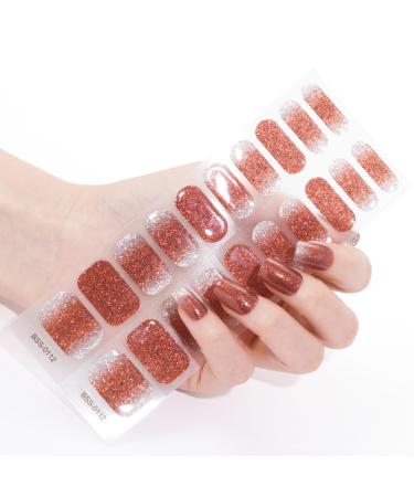 20PCS Semi Cured Gel Nails Gel Nail Stickers - Semi Cured Gel Nails Strips - Semi Cured Gel Nail Wraps - Glossy & Long Lasting Gel Nail Stickers Need UV Light (Brown Shiny Gradient Style)