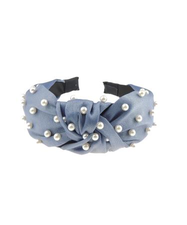 Ladies Draped Satin Look Faux Pearl Knot Headband Alice Band (Dusky Blue)