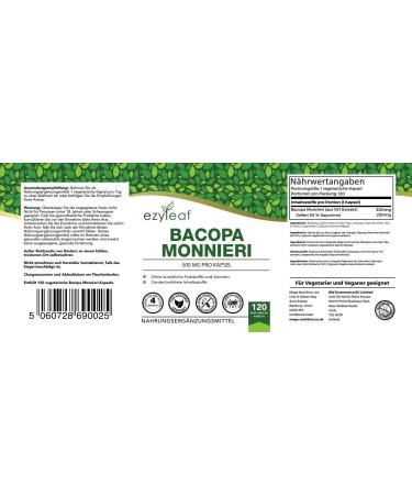Ezyleaf Bacopa Monnieri 500mg | High Strength 50% Bacosides | 120 Capsules | Ayurvedic Brahmi Powder | Vegan & Gluten Free | Made In UK - Buy Online on GoSupps.com