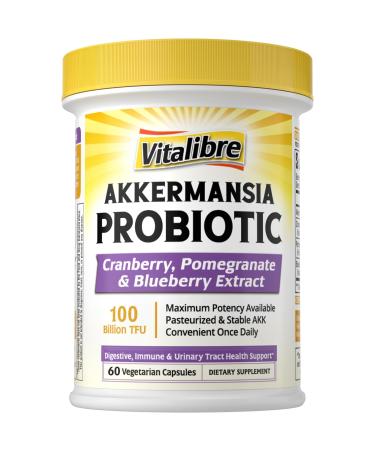 Akkermansia Probiotics 100 Billion TFU Pasteurized Akkermansia Muciniphila w/Cranberry Blueberry & Pomegranate Digestive & Immune Health Leaky Gut GLP-1 Supplement 60 Vegan Capsules 60 Count (Pack of 1)