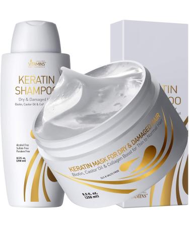 Vitamins Keratin Shampoo and Hair Mask Kit - Salon Protein Shampoo and Deep Conditioner Hair Mask Set for Thin Fine Hair - Pro Treatments for Dry Damaged Color Treated Hair