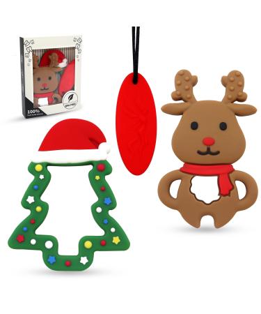 Christmas Silicone Teething Toys for Babies  Sensory Chew Necklace for Kids  Xmas Toys Toddlers Soothing Teether  BPA Free Newborn Gifts (Christmas Tree & Elk)