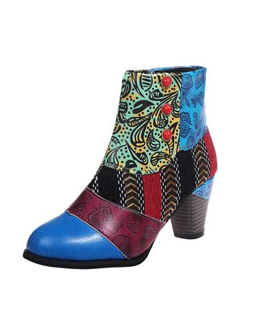 Caixunkun Women's Ankle Boots Retro Comfort Laces Women Ankle Boots Autumn Winter High Heel Women's Boots Leather Boots Ankle Shoes 38.5 Eu a Blue